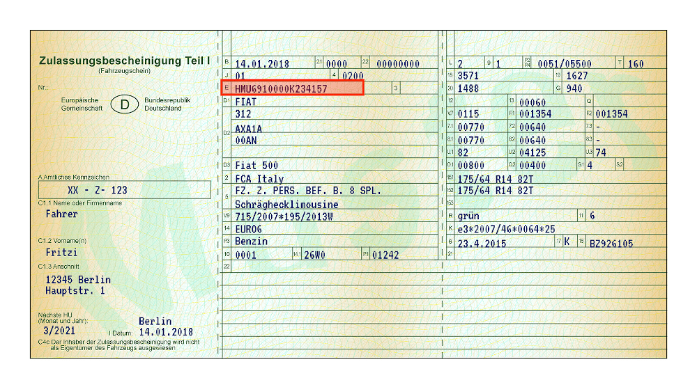 Beispiel Fahrgestellnummer Feld E
