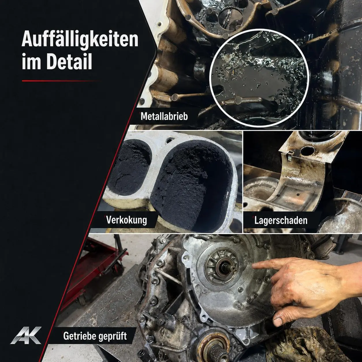 Geöffneter Motor bei der Schadensprüfung von AK